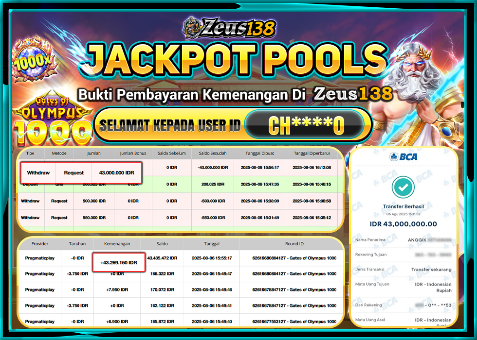 ZEUS138 GATES OF OLYMPUS 1000 Rp 43.000.000 LUNAS